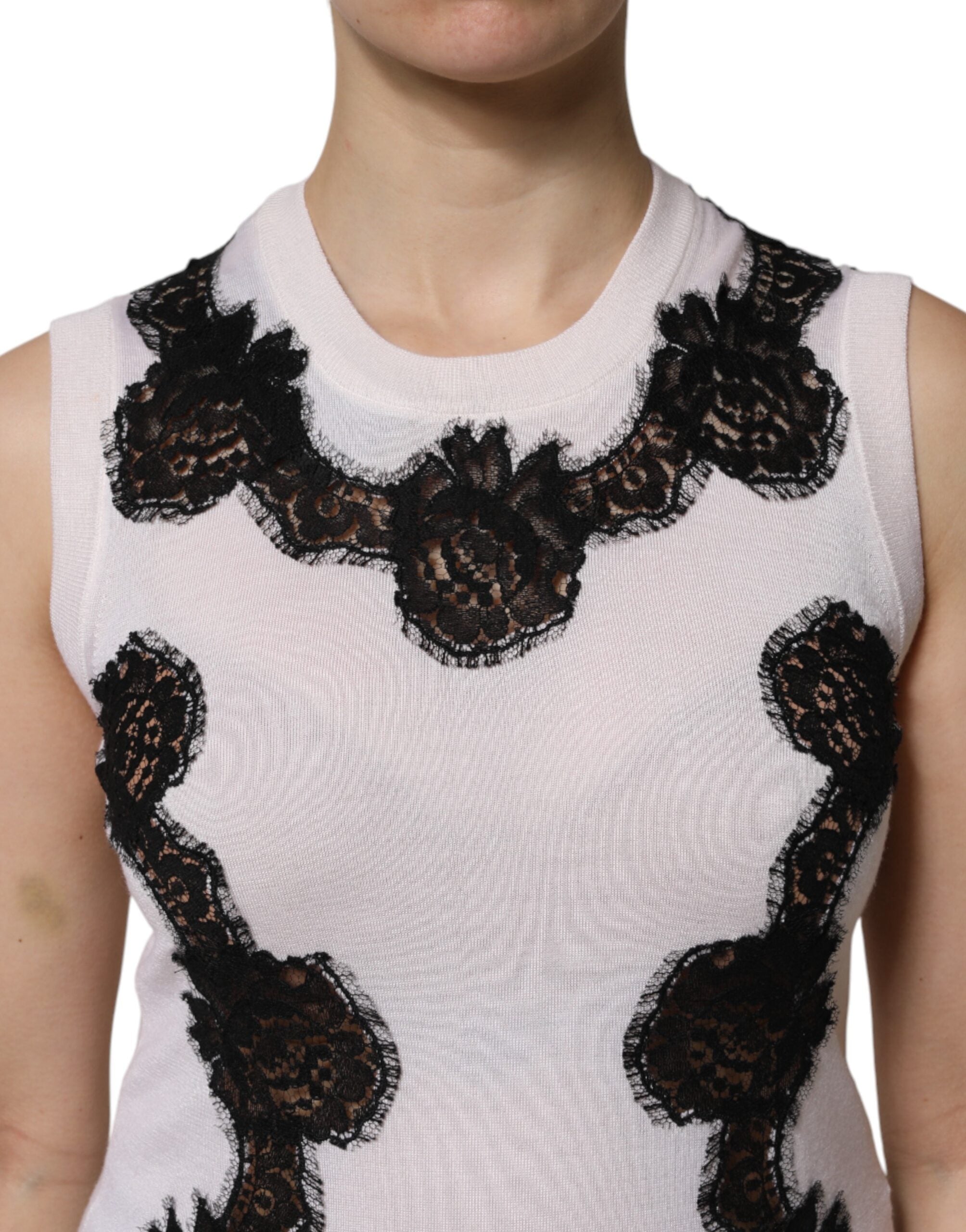 White Cashmere Floral Lace Detailing Tank Top