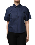 Blue Cotton Short Sleeves Button Down Top