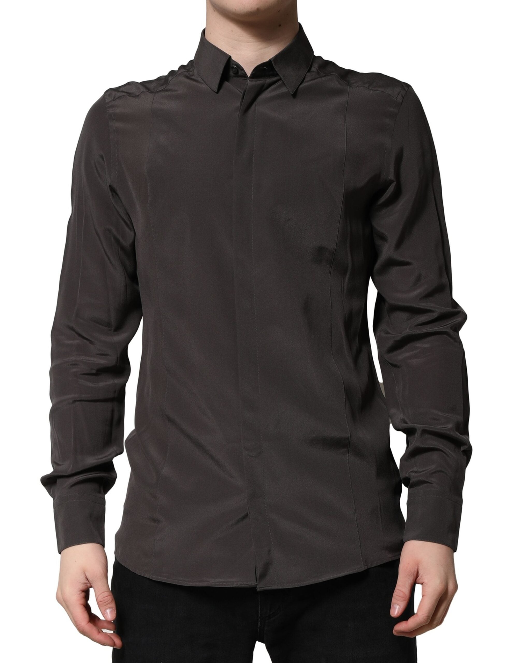Dolce & Gabbana Dark Brown Silk GOLD Men Dress Formal Shirt