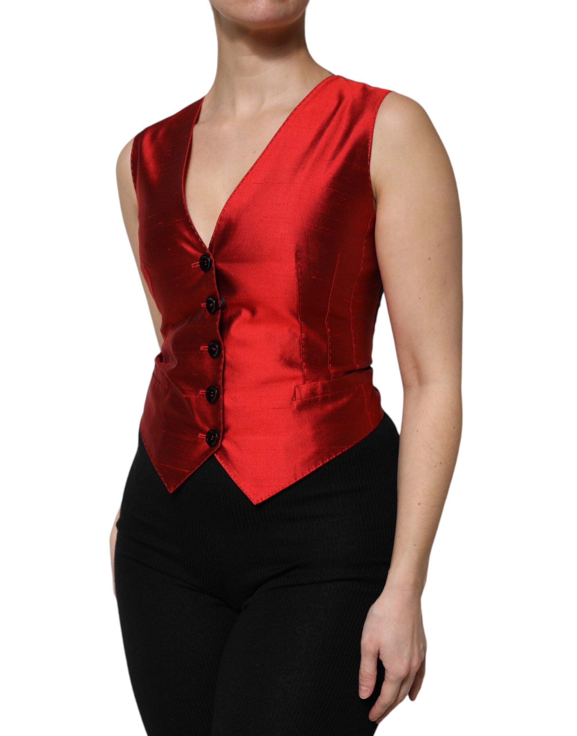 Red Black Button Down Sleeveless Vest Top