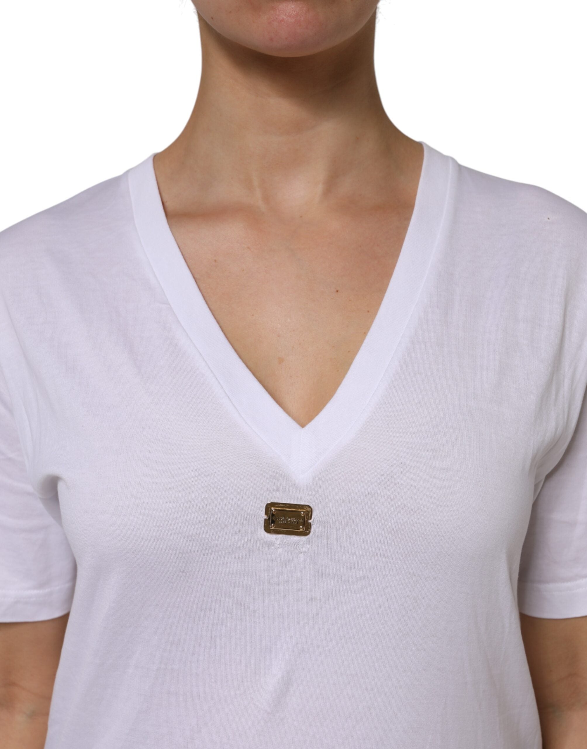 White Cotton Short Sleeve V-Neck Top T-shirt