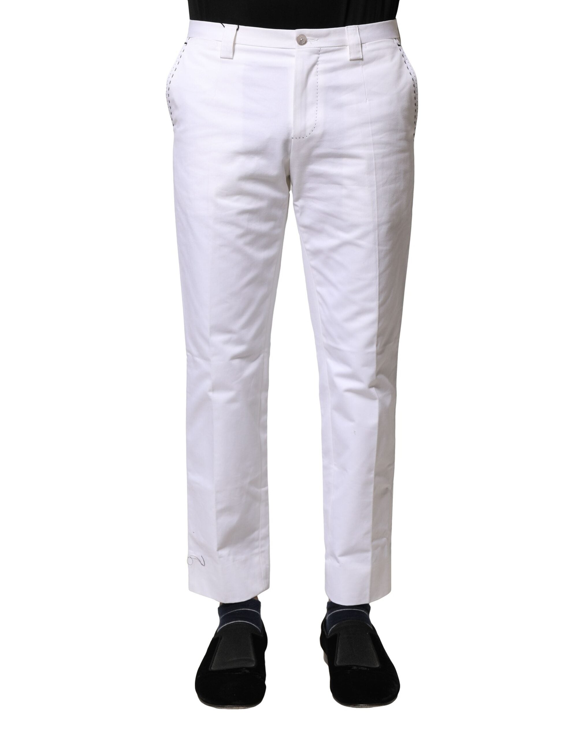 White Cotton Straight Logo Men Pants