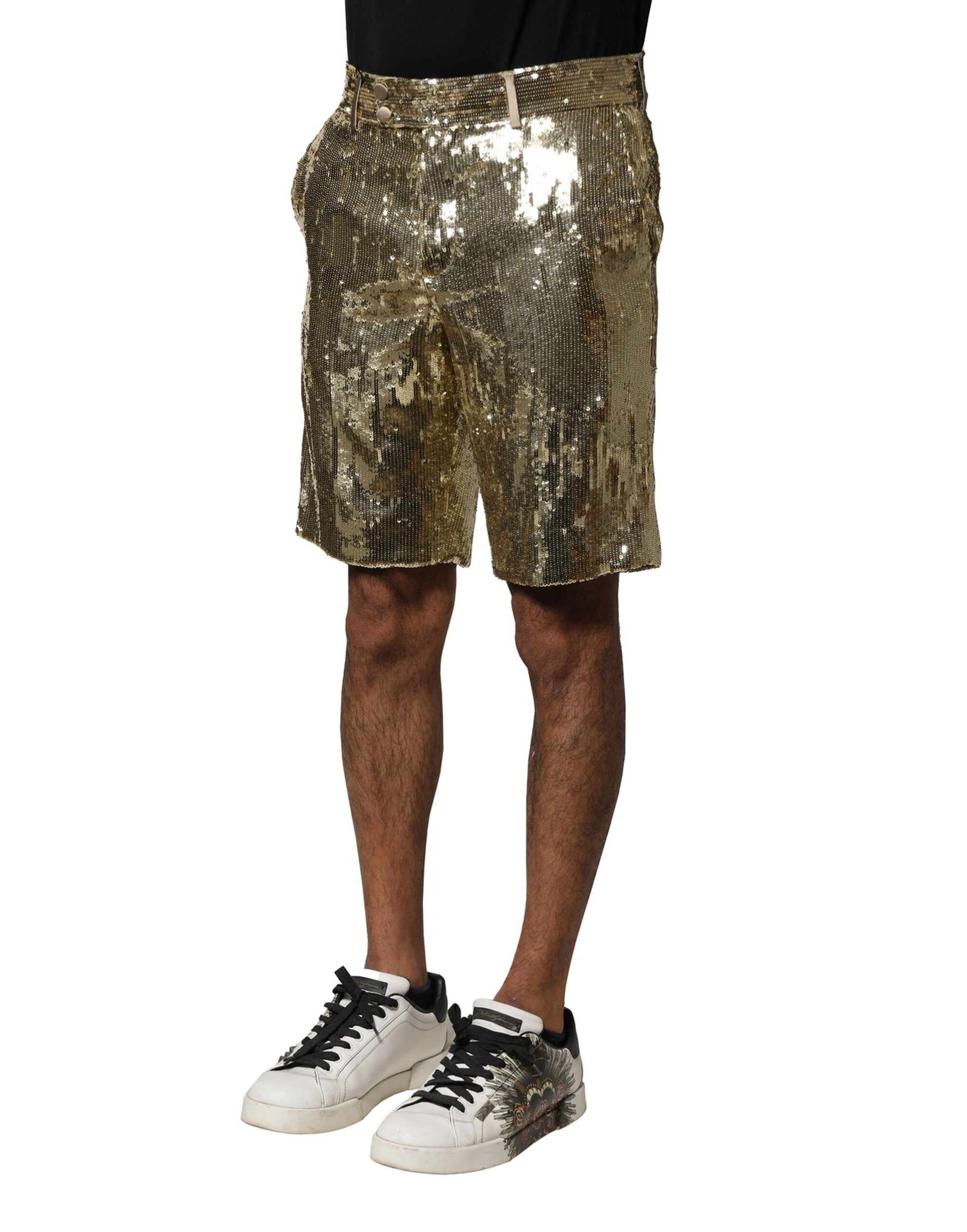 Gold Sequin Polyester Embellished Bermuda Shorts
