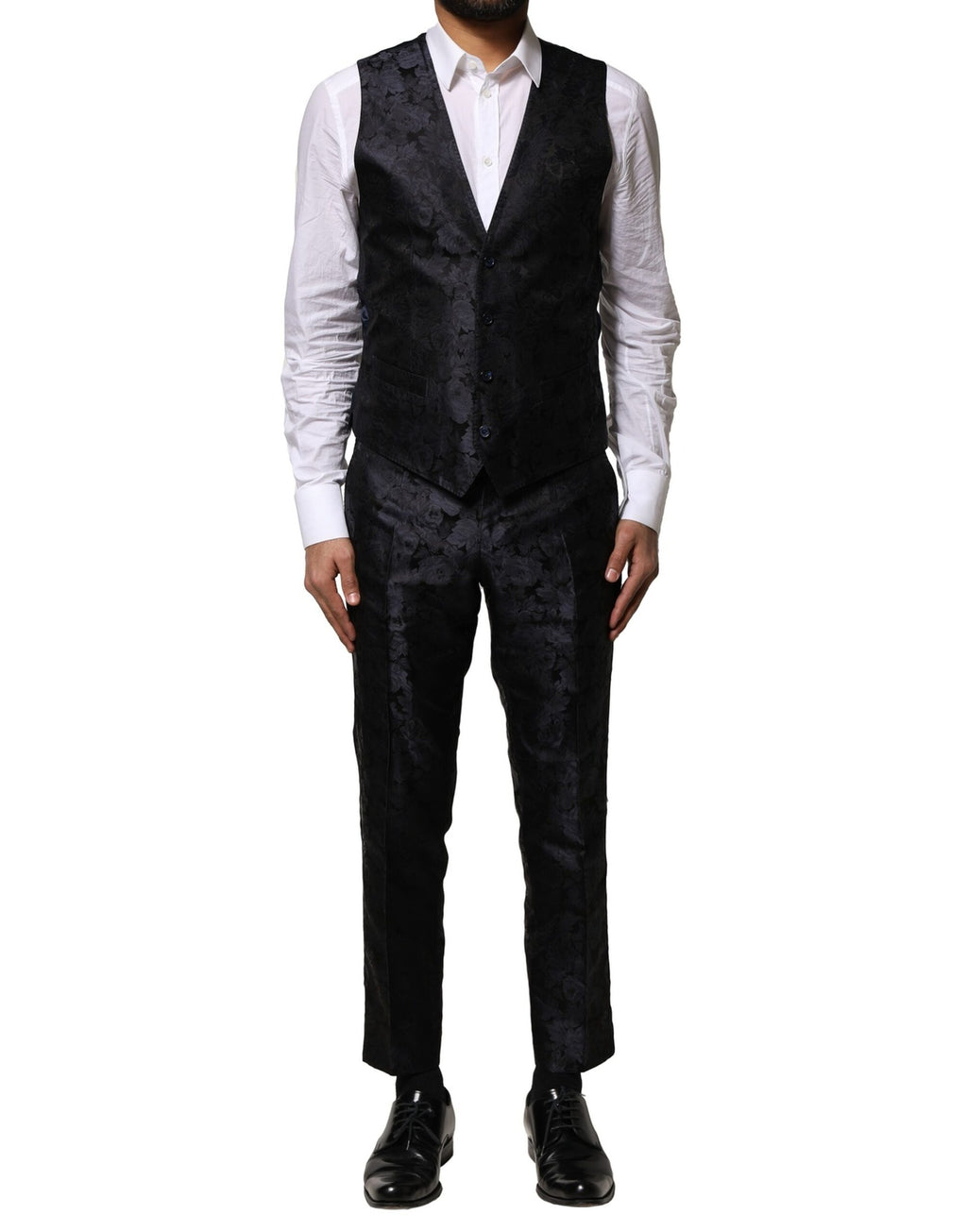 Dark Gray Black Jacquard 3 Piece Single Breasted Suit