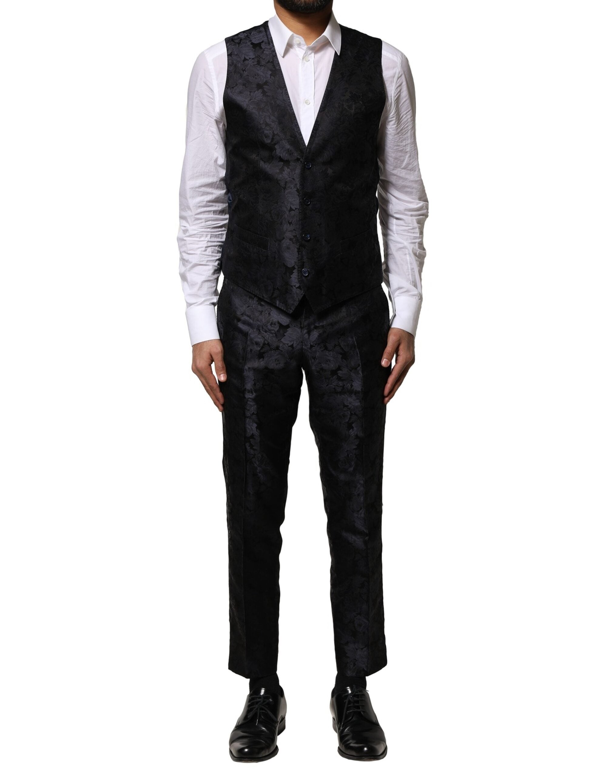 Dark Gray Black Jacquard 3 Piece Single Breasted Suit