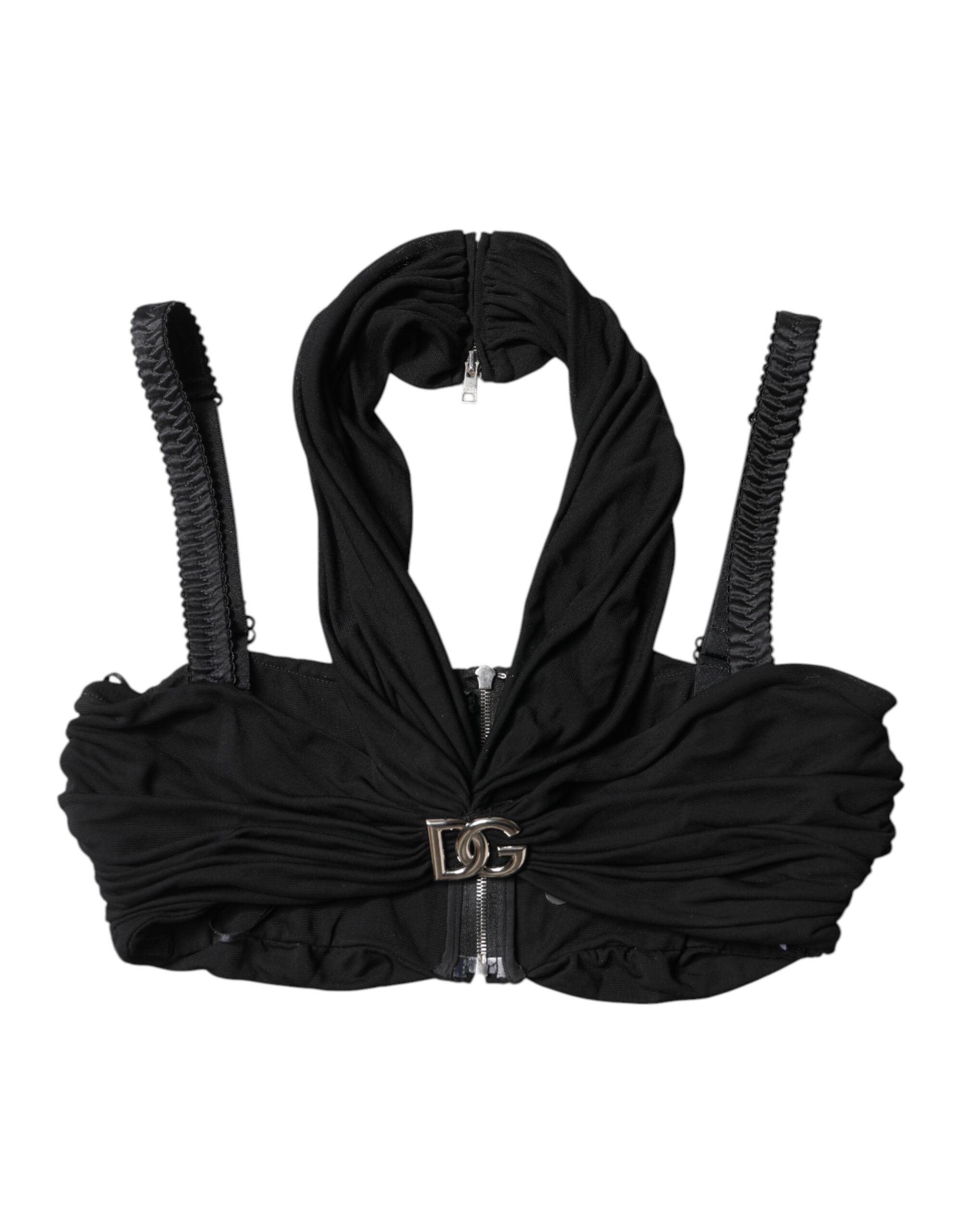 Black Cropped Viscose Halter Bustier Top