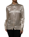 Dolce & Gabbana Beige Satin Silk Collared Long Sleeves Top