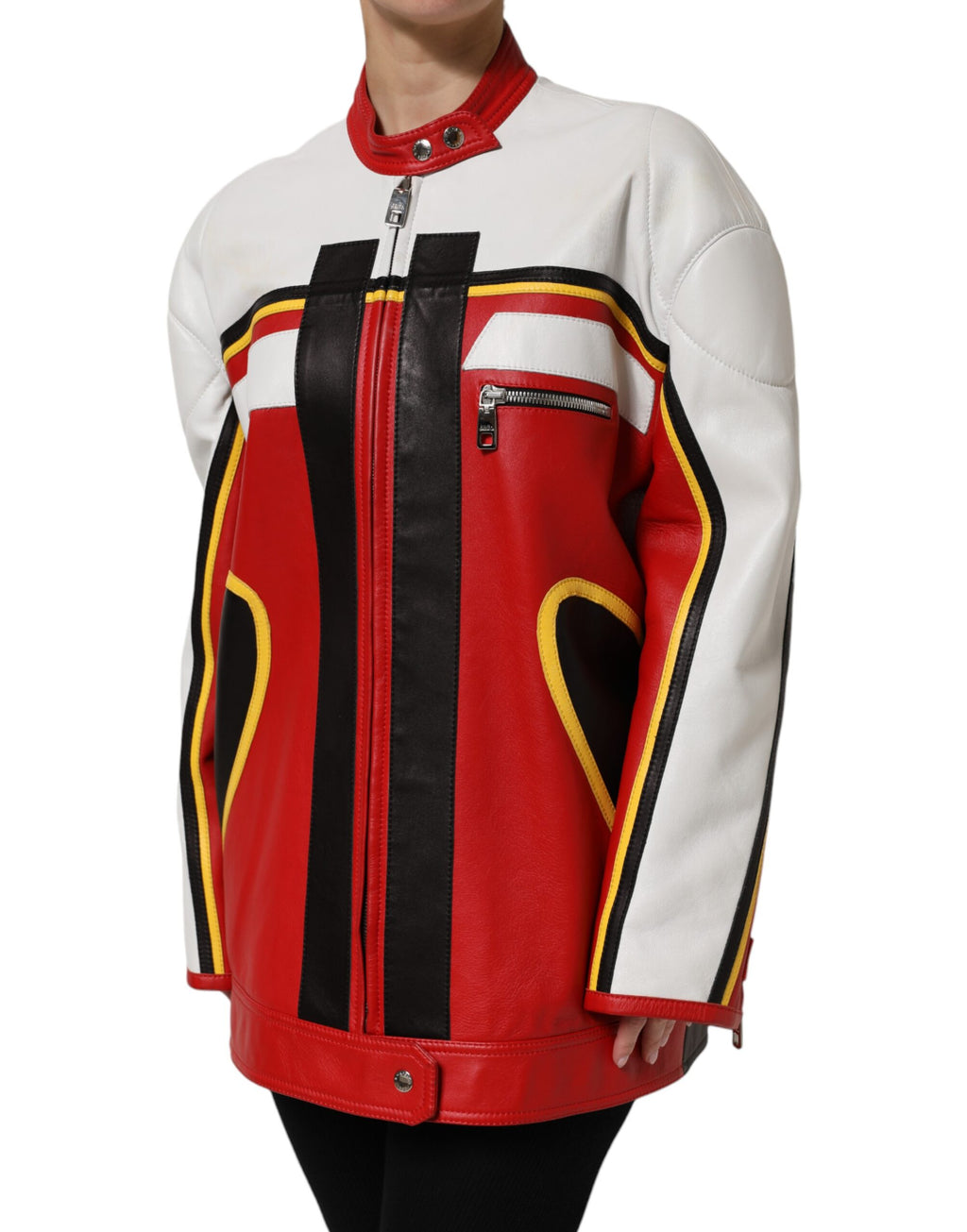 Multicolor Leather Biker Full Zip Coat Jacket