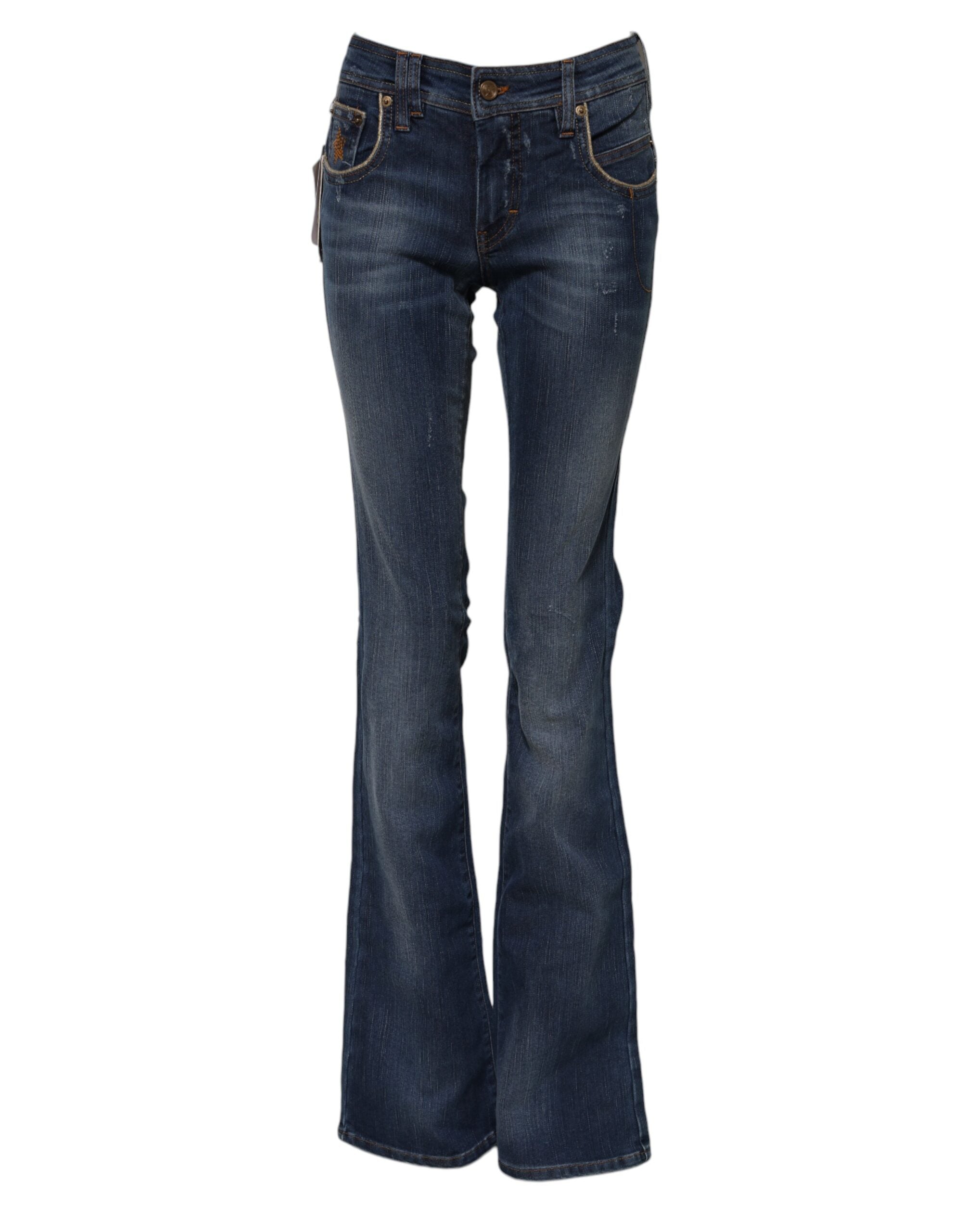 Blue Cotton Mid Waist Wide Leg Denim Jeans