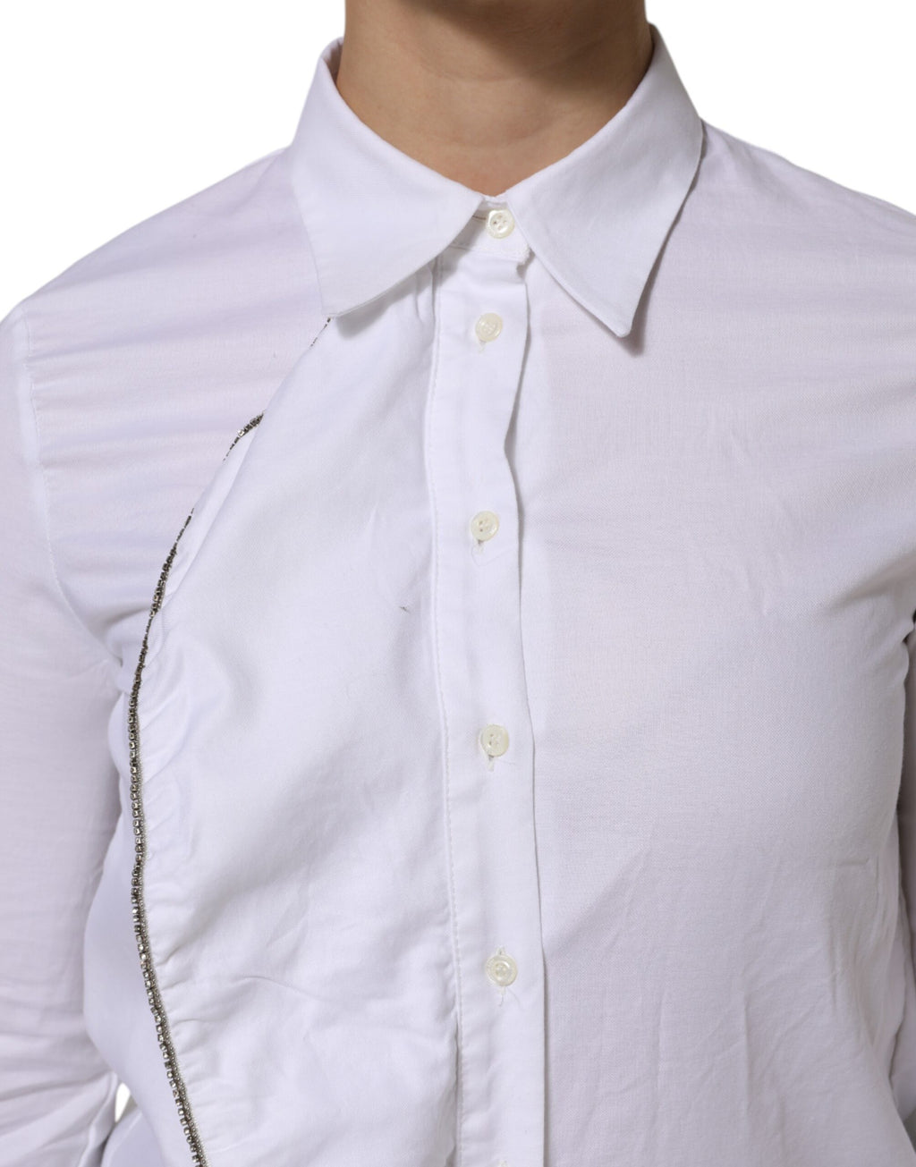 White Cotton Collared Long Sleeves Ruffle Top Shirt