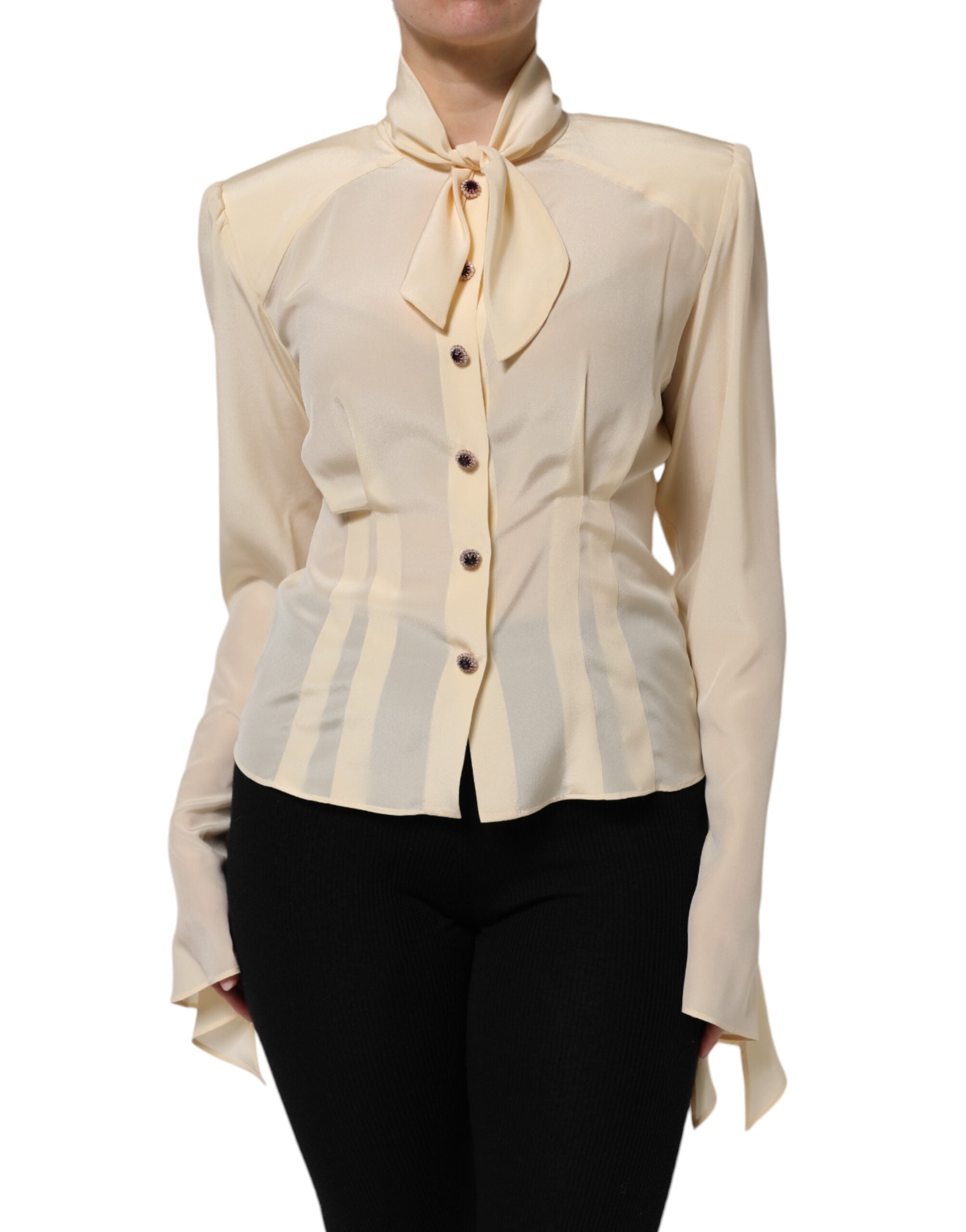 Dolce & Gabbana Light Yellow Silk Ascot Collared Blouse Top
