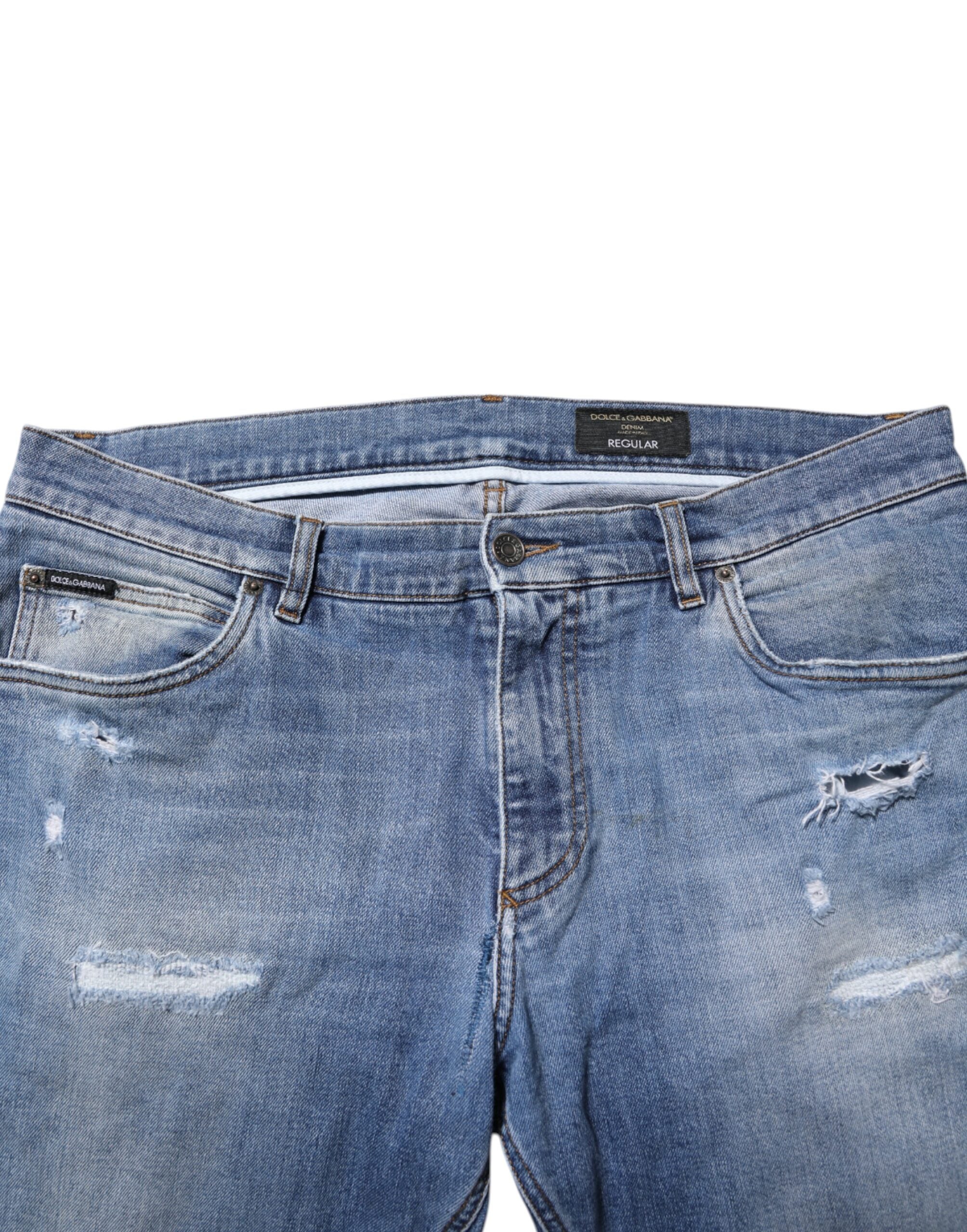 Blue Washed Tattered Logo Plaque Denim Jeans