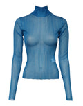 Blue See Through Turtleneck Long Sleeves Top