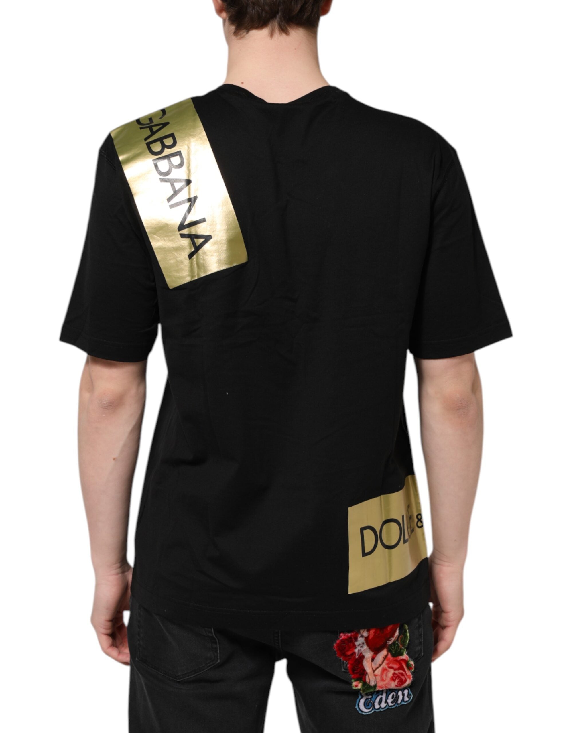 Black Logo Tape Cotton Men Crew Neck T-shirt