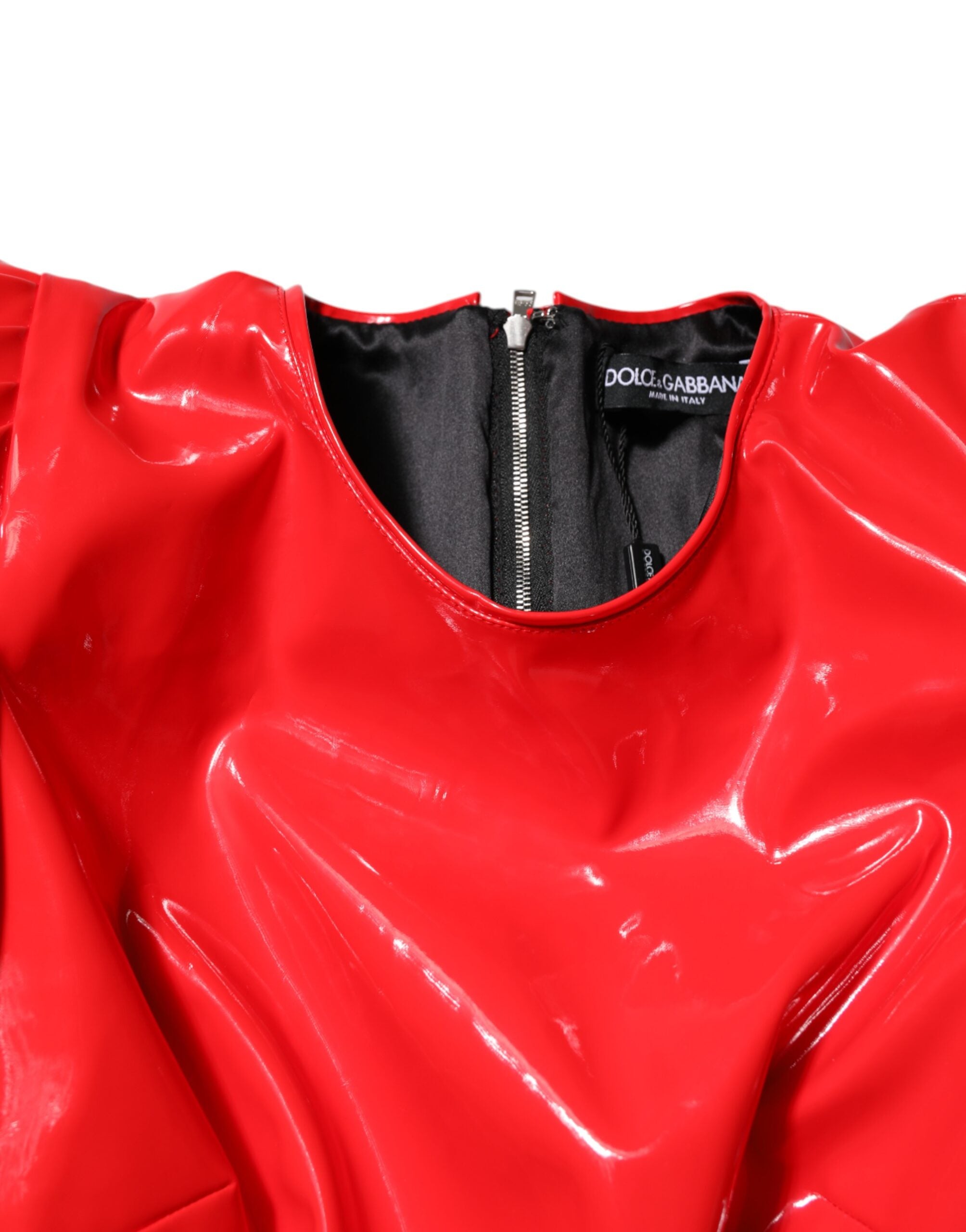 Red Patent Leather Puff Sleeves Mini Dress