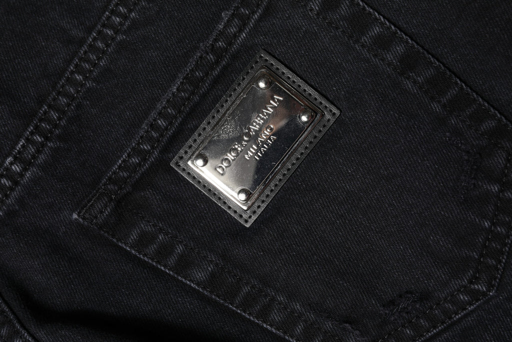 Black Cotton Tattered Mid Waist Denim Jeans