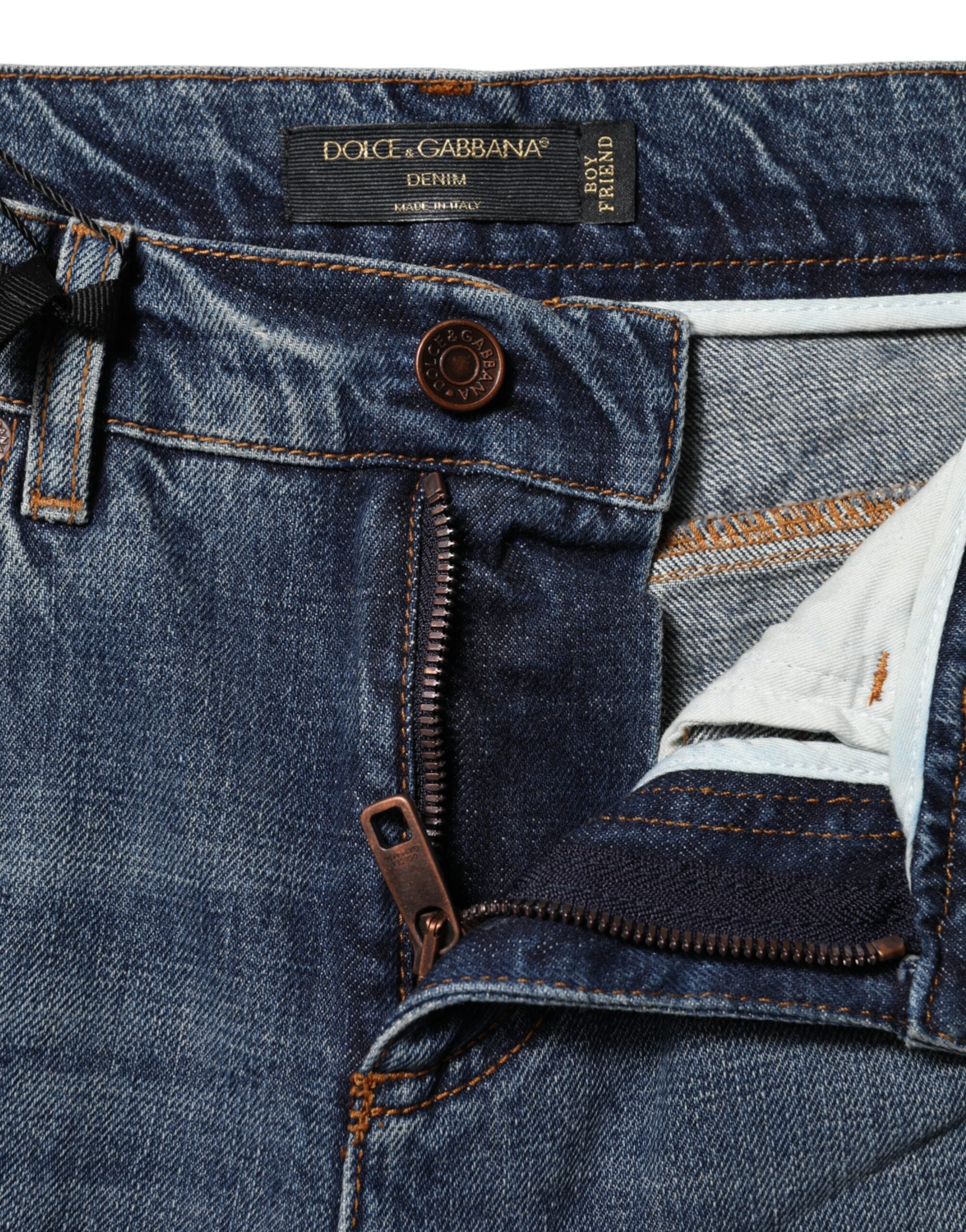 Blue Cotton Boyfriend Tattered Denim Jeans