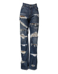 Blue Tattered Cotton Straight Denim Jeans