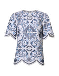 Blue Lace Eyelet Crew Neck Blouse Top