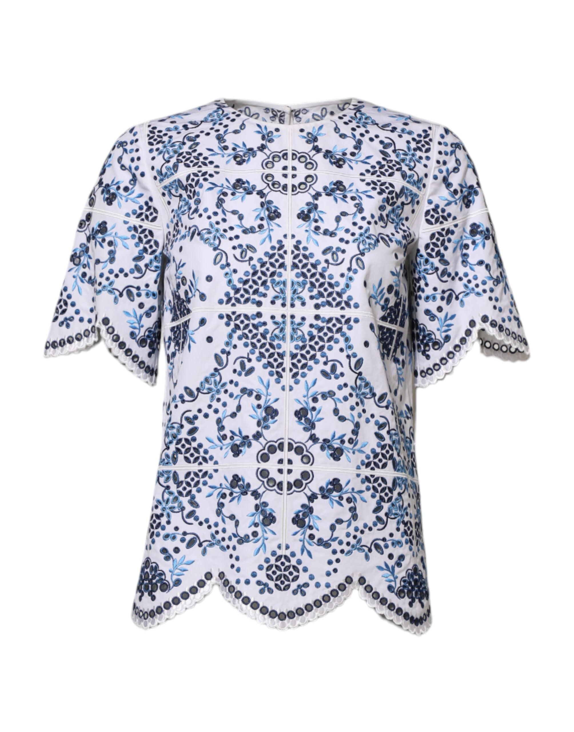 Blue Lace Eyelet Crew Neck Blouse Top