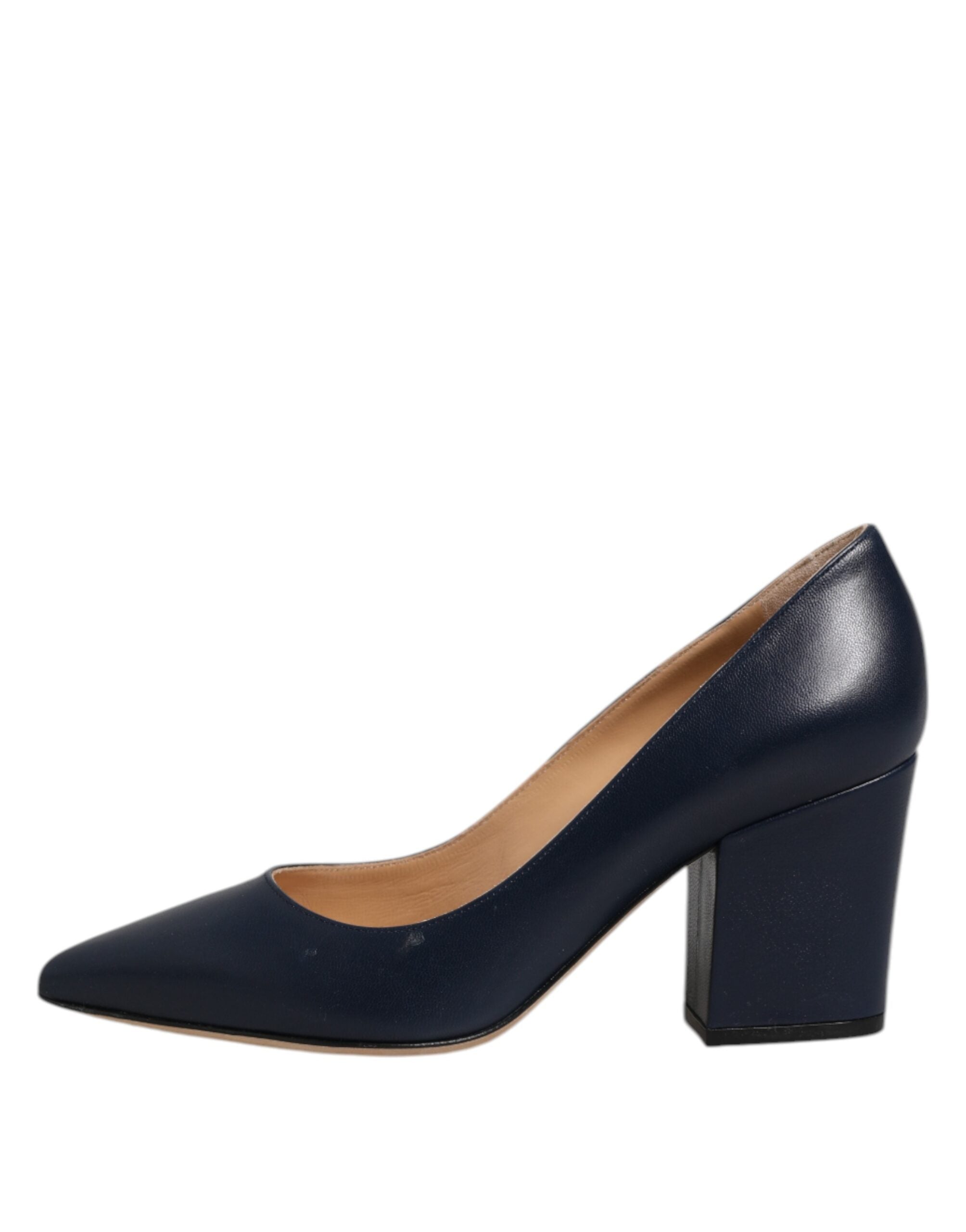 Blue Leather Pointed Toe Block Heels Shoes
