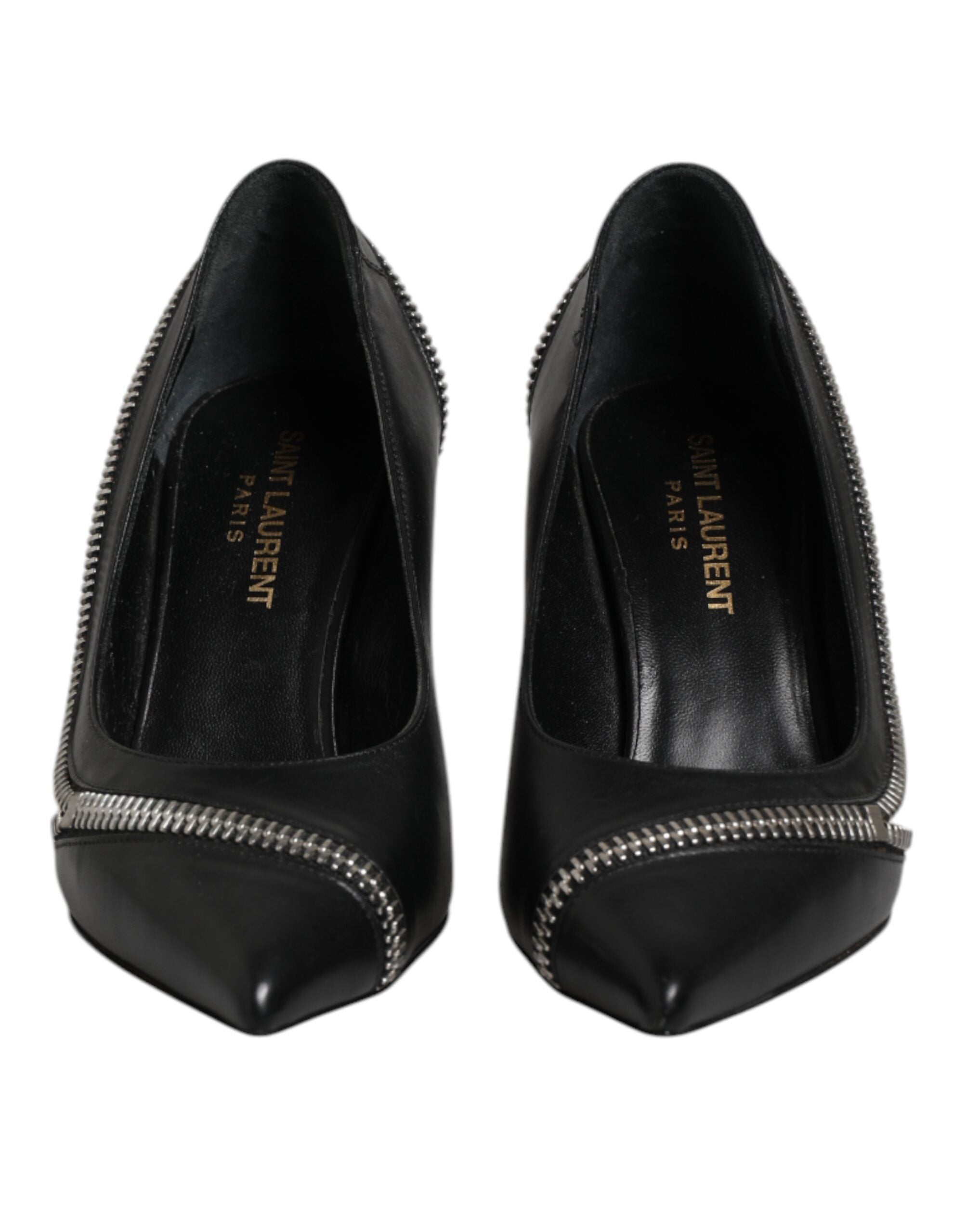 White Black Leather Pointed Toe Heels Shoes