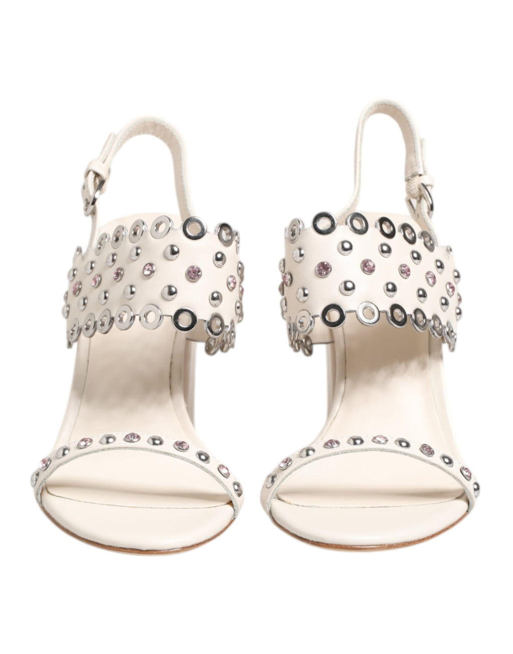 White Block Heeled Studded Quarter Strap Sandals Shoes