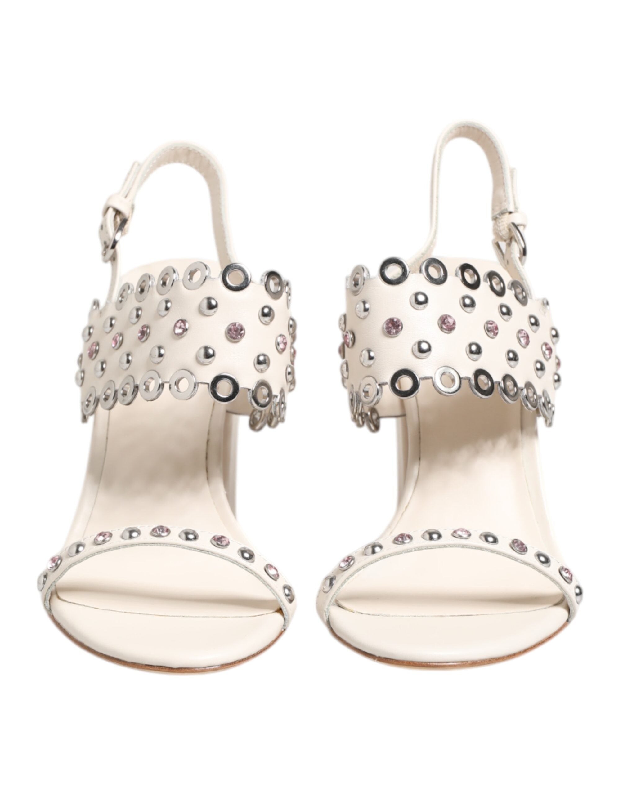 White Block Heeled Studded Quarter Strap Sandals Shoes