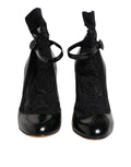 Black Leather Lace Socks Heels Pumps Shoes