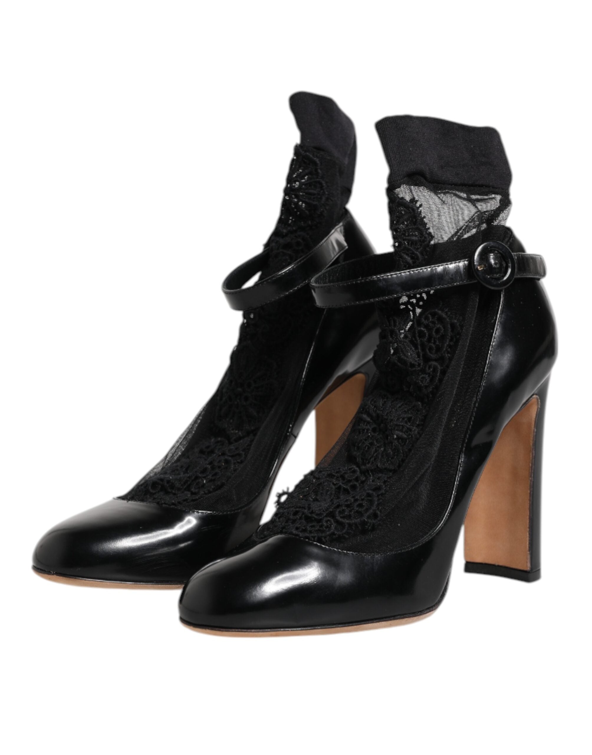 Black Leather Lace Socks Heels Pumps Shoes