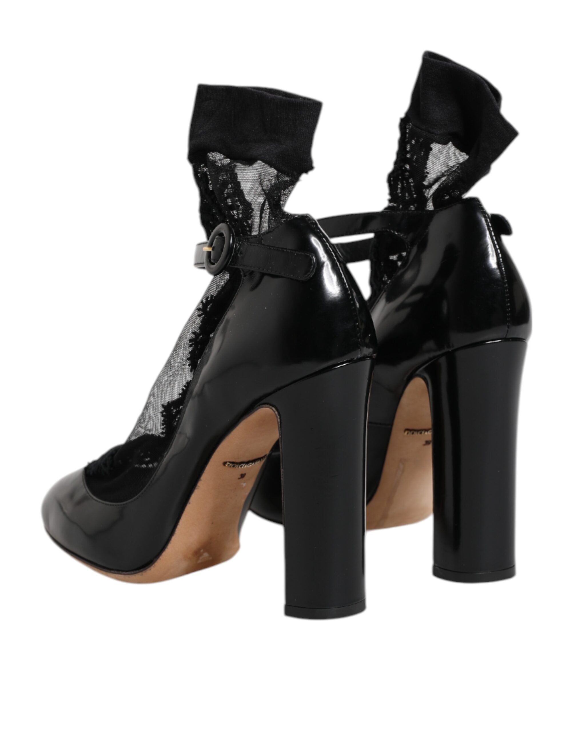 Black Leather Lace Socks Heels Pumps Shoes