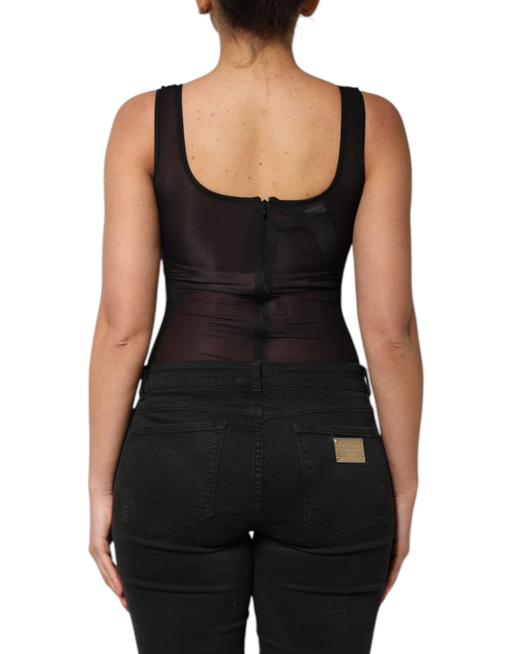 Black Nylon Sleeveless Round Neck Tank Top