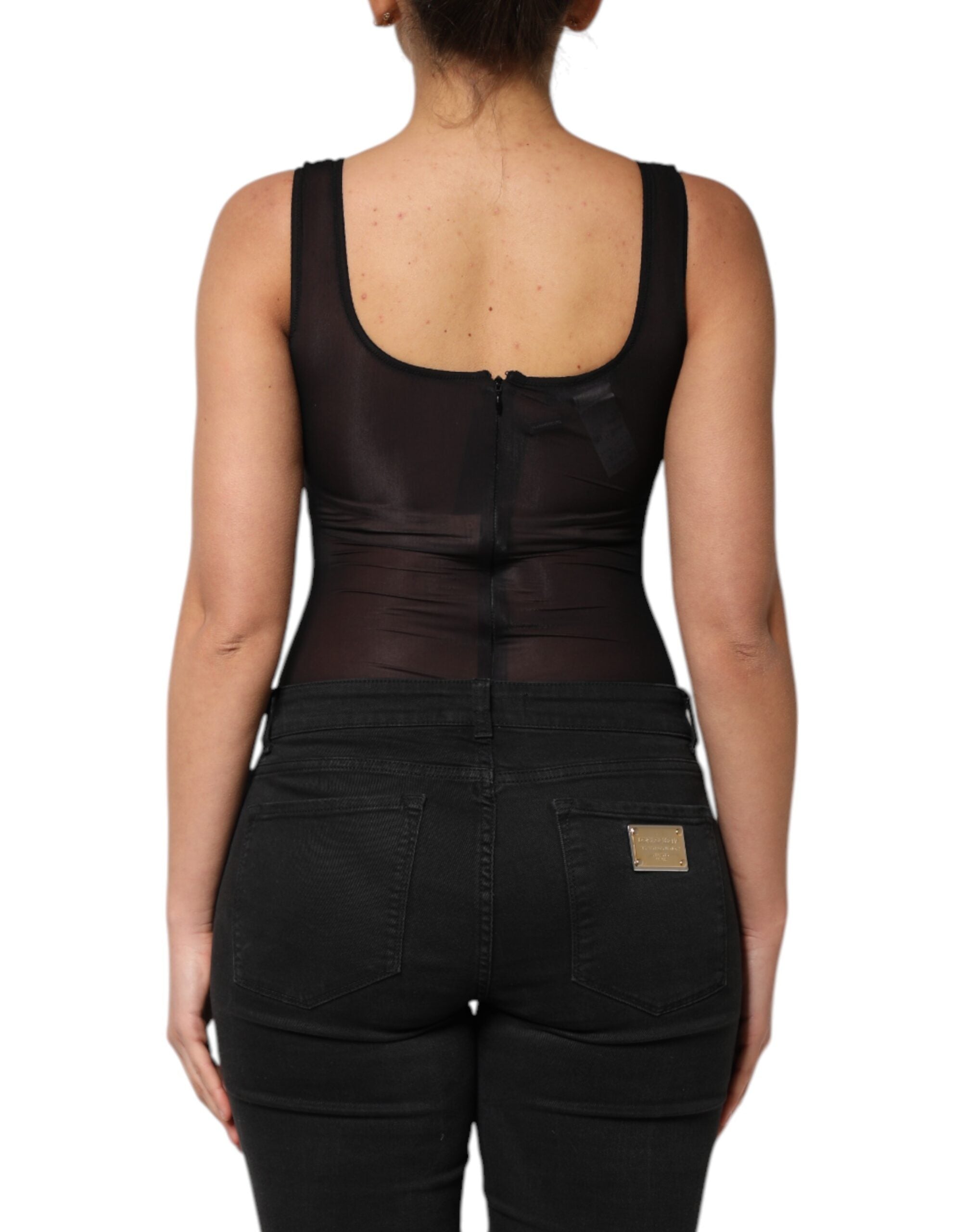 Black Nylon Sleeveless Round Neck Tank Top