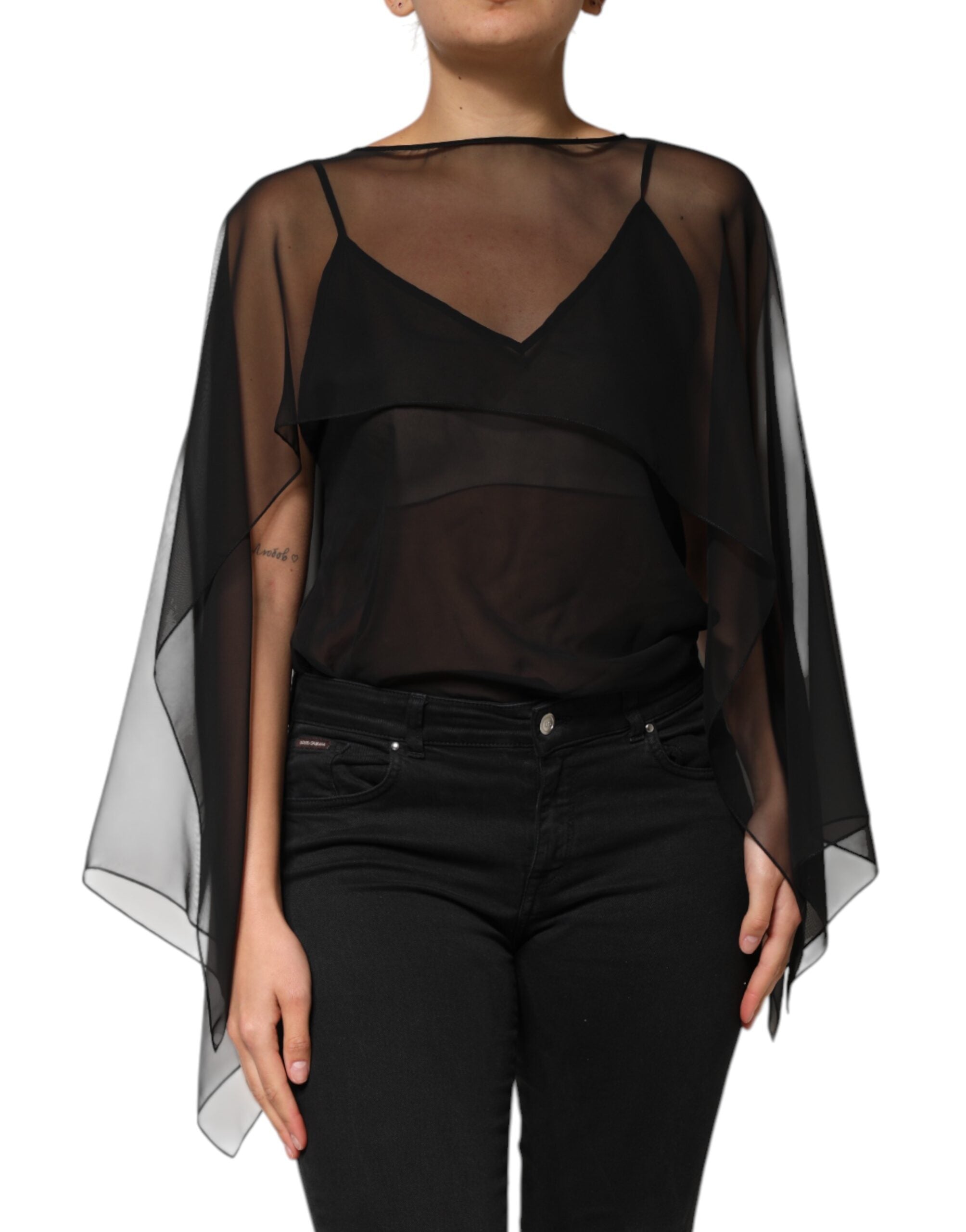Black See Through Silk Chiffon Lace Blouse Top