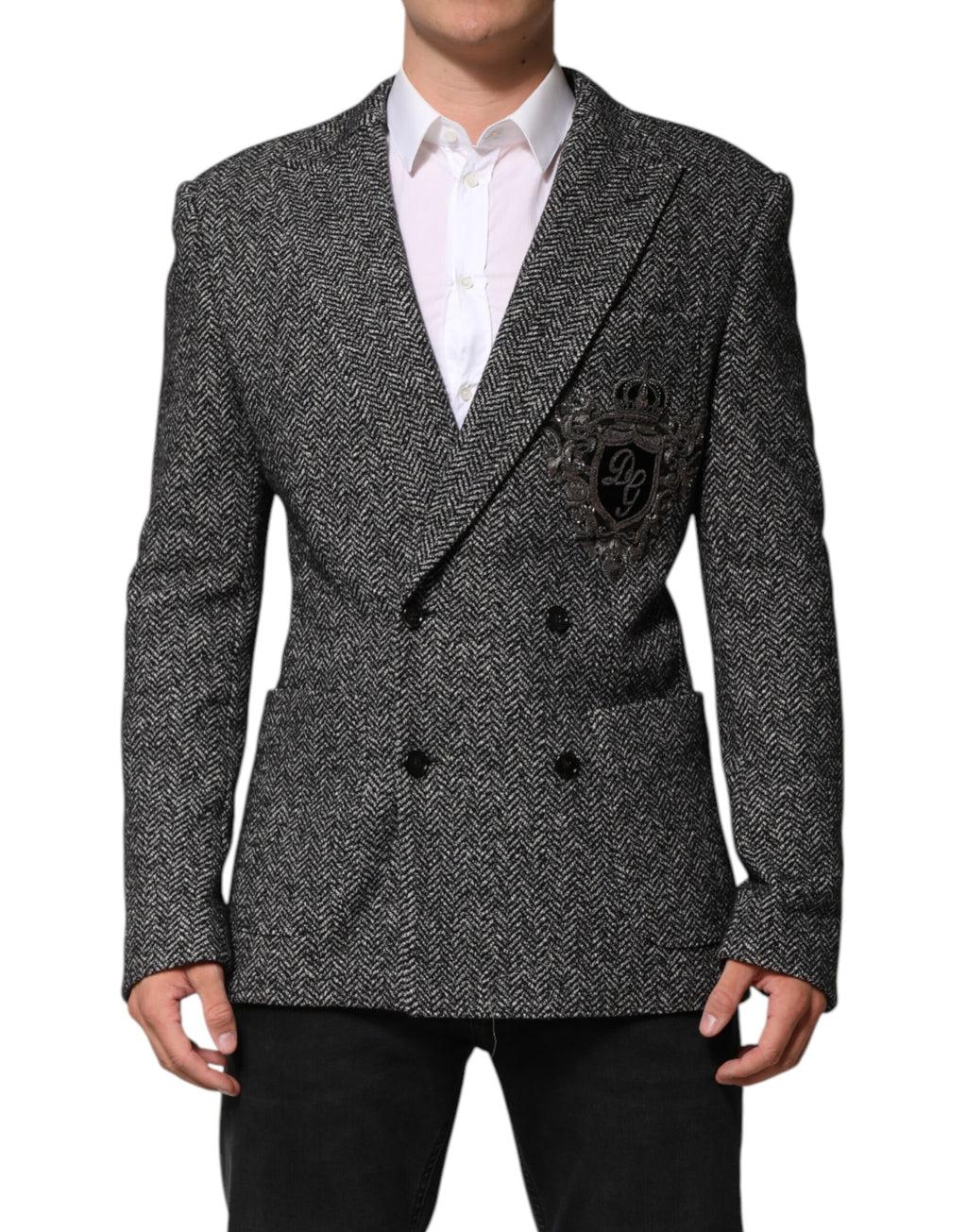 Dark Gray White Double Breasted Men Suit Blazer