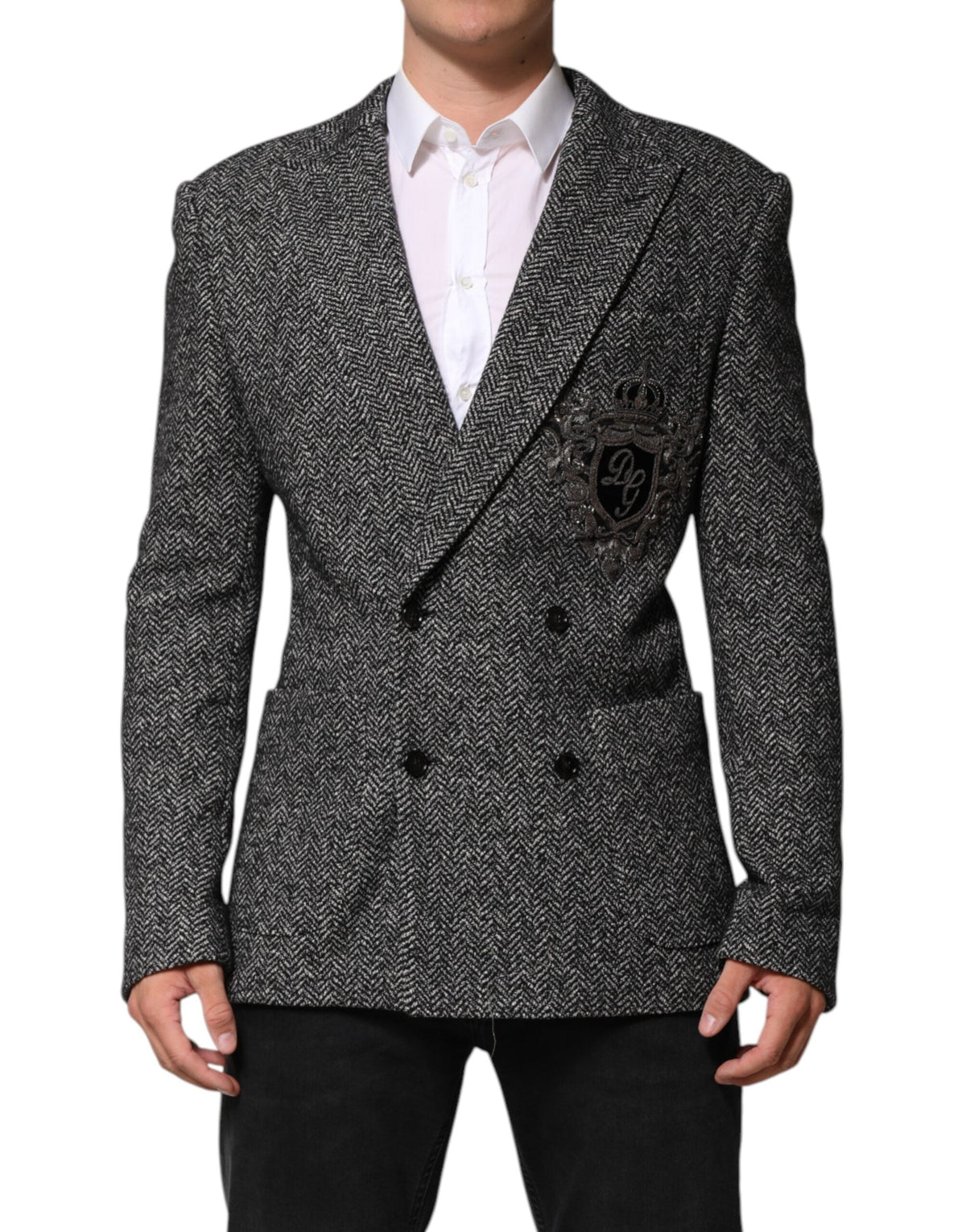 Dolce & Gabbana Dark Gray White Double Breasted Men Suit Blazer