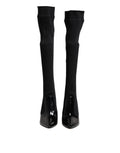 Black Leather Ribbed Knit Knee Boots Shoes