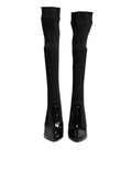 Dolce & Gabbana Black Leather Ribbed Knit Knee Boots Shoes