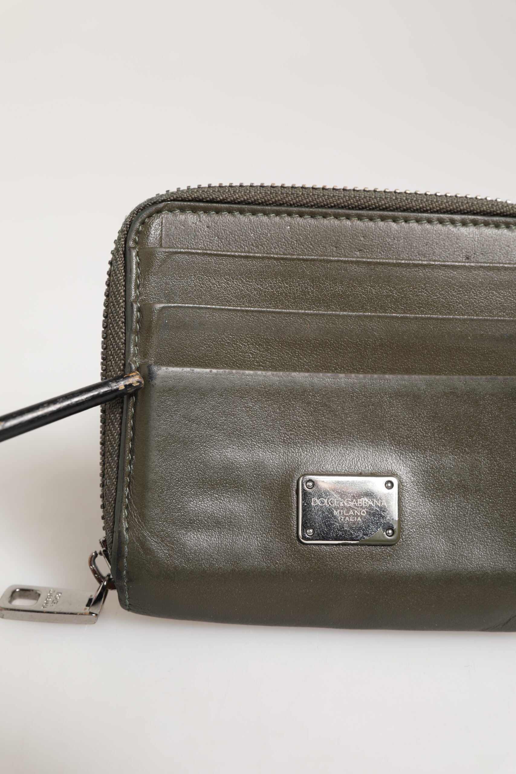 Dolce & Gabbana Military Green Leather Logo Plaque Card Holder Coin Purse Wallet