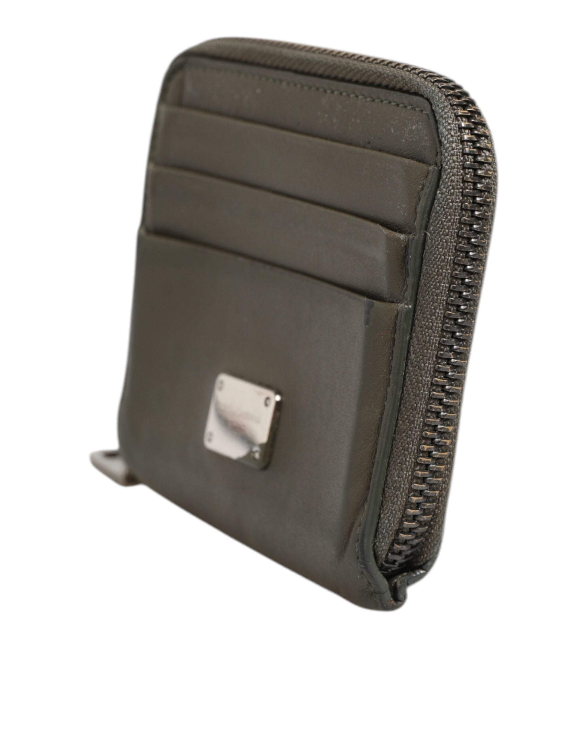 Dolce & Gabbana Military Green Leather Logo Plaque Card Holder Coin Purse Wallet