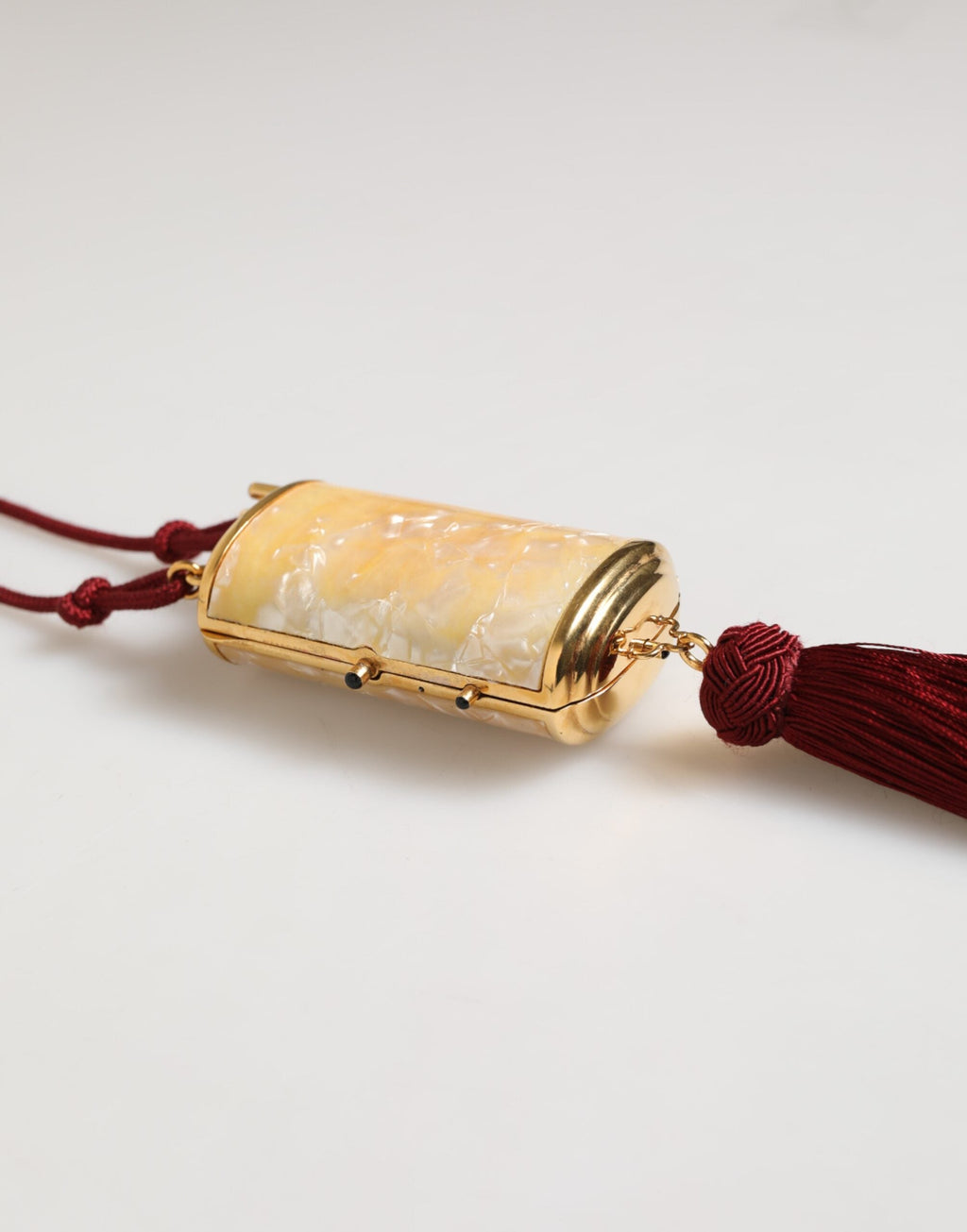 Dolce & Gabbana White Pearl Resin Gold Metal Red Tassel Pendant Bag