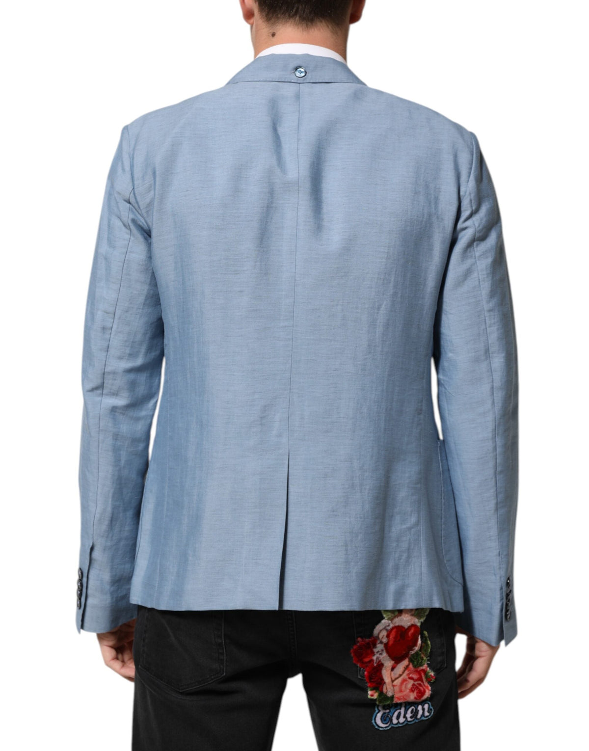 Dolce & Gabbana Light Blue Linen Double Breasted Men Jacket Blazer