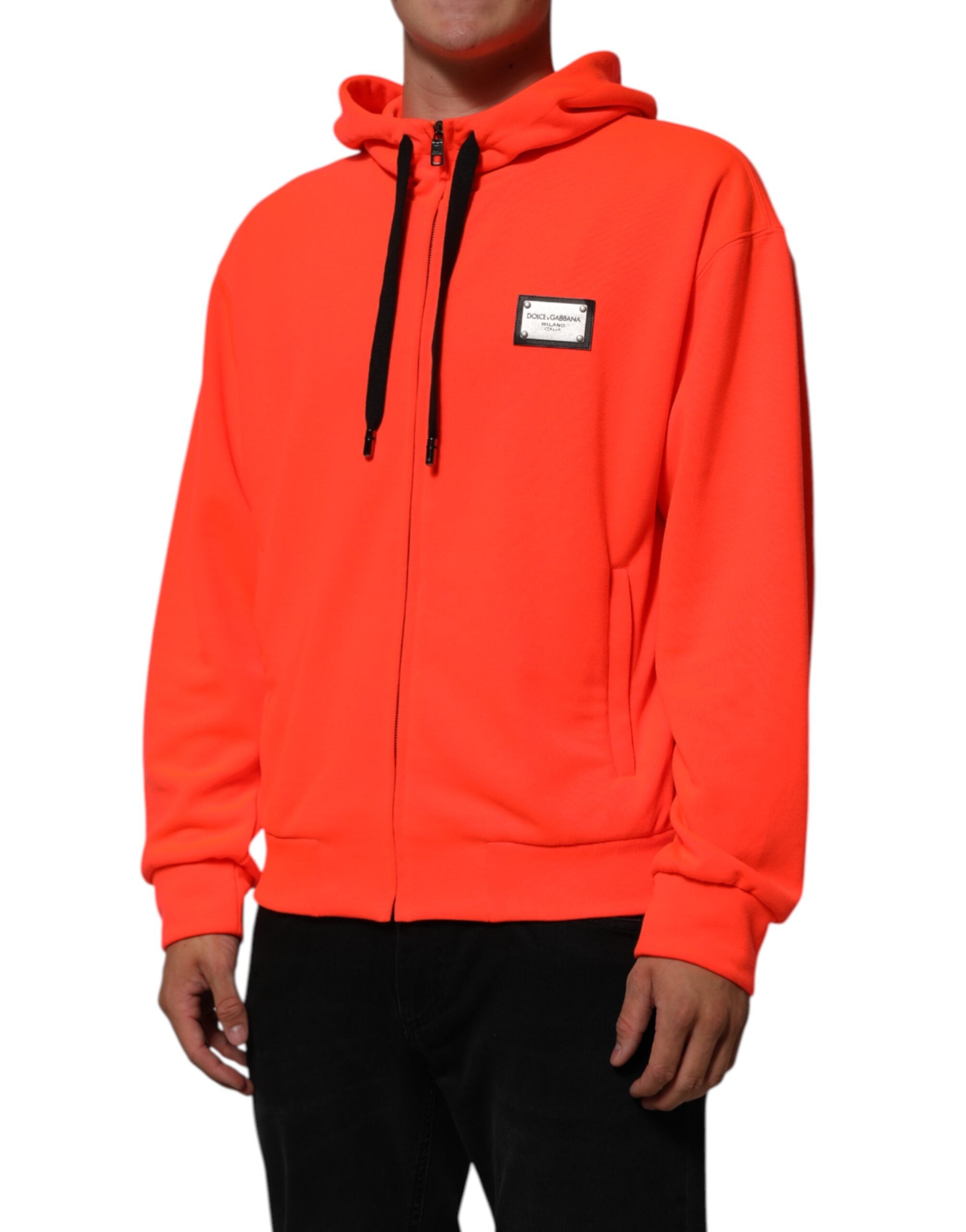 Dolce & Gabbana Red Fluorescent Polyester Logo Patch Hoodie Sweater