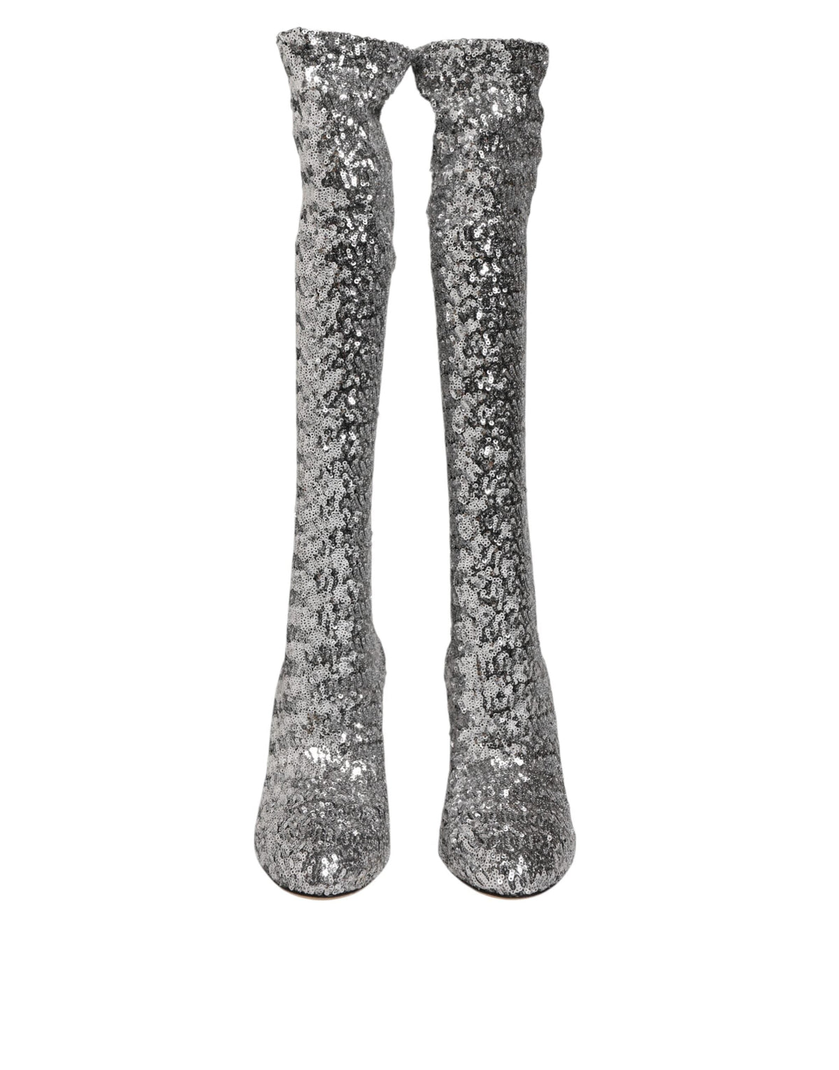 Dolce & Gabbana Silver Sequins Glitter High Heel Boot Shoes