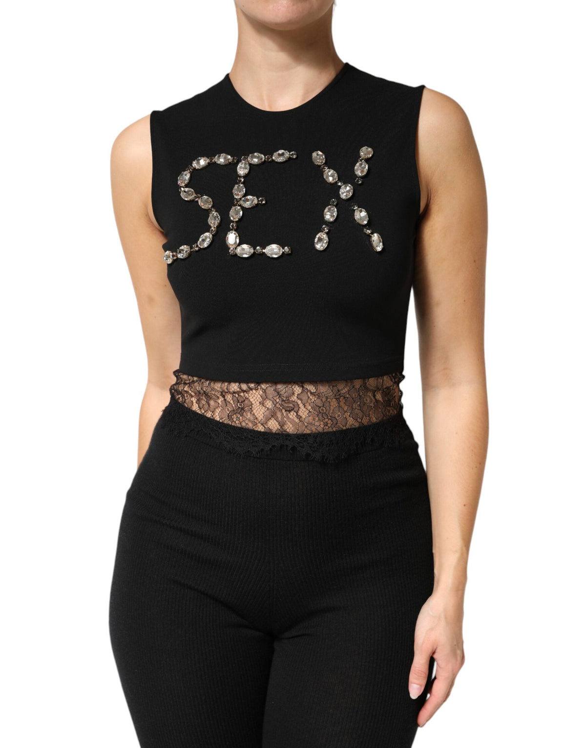 Dolce & Gabbana Black Jersey Lace Ruching Rhinestone Tank Top