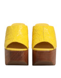 Yellow Leather Wood Mule Wedge Slides Shoes