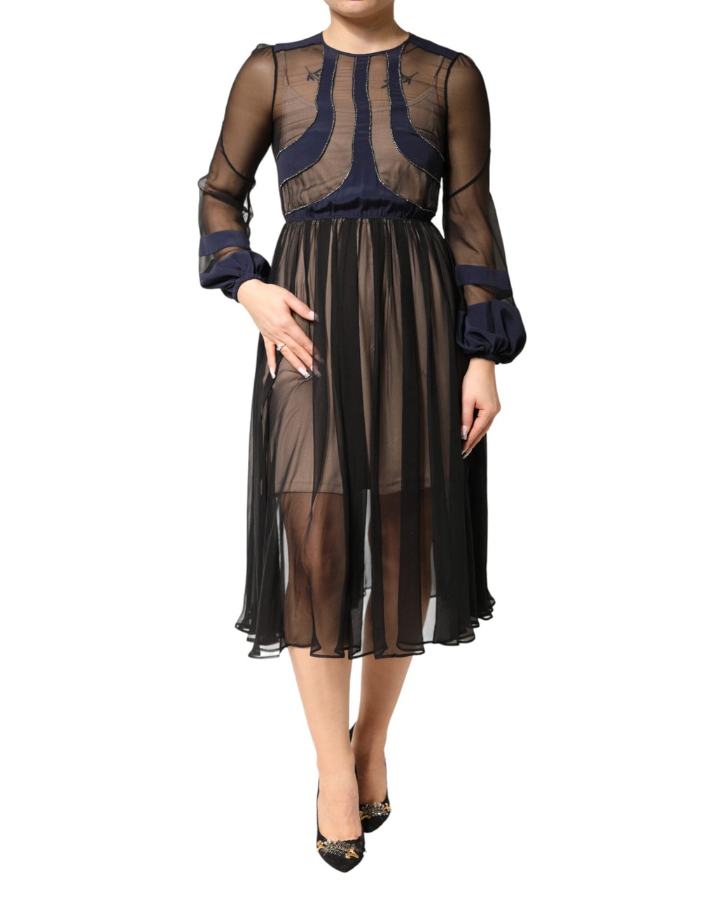 N.21 Blue Long Sleeves Sheer Silk Sheath A-line Midi Dress