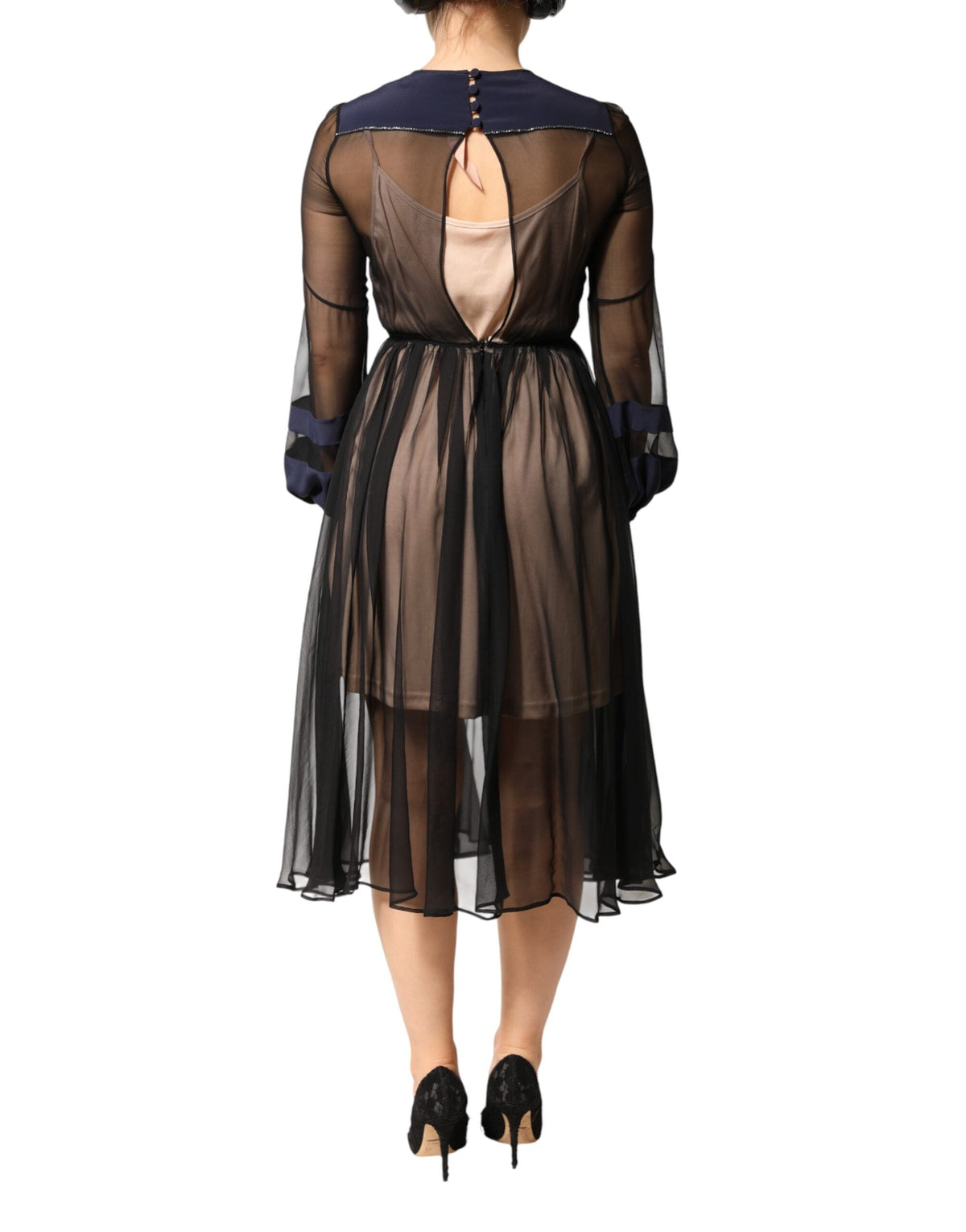N.21 Blue Long Sleeves Sheer Silk Sheath A-line Midi Dress